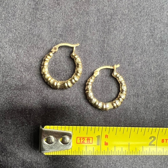 14K Yellow Gold Bamboo Hoop Earrings - Picture 3 of 7